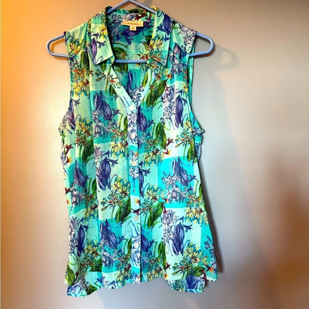 Dress Barn Turquoise Sheer Sleeveless Floral‎ Top Womens Sz M